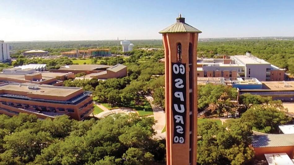 a "Go Spurs Go" banner hangs from Murchison Tower