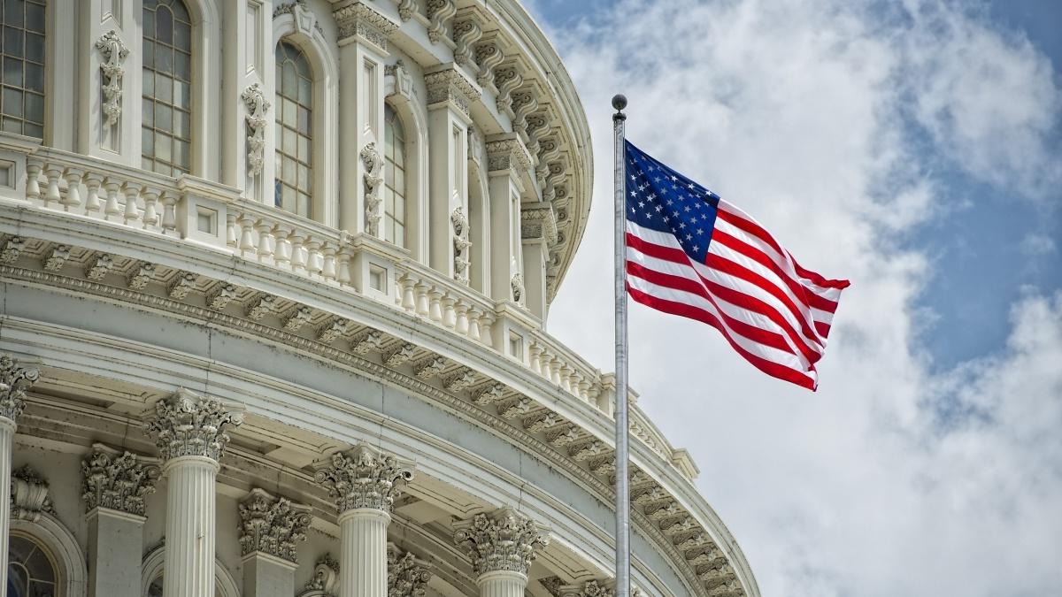 US Flag in front of the capitol