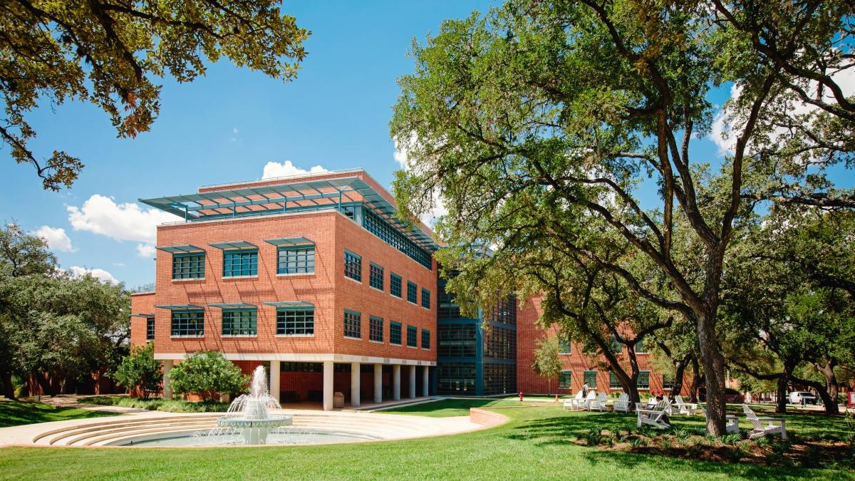 back of northrup hall with miller fountain